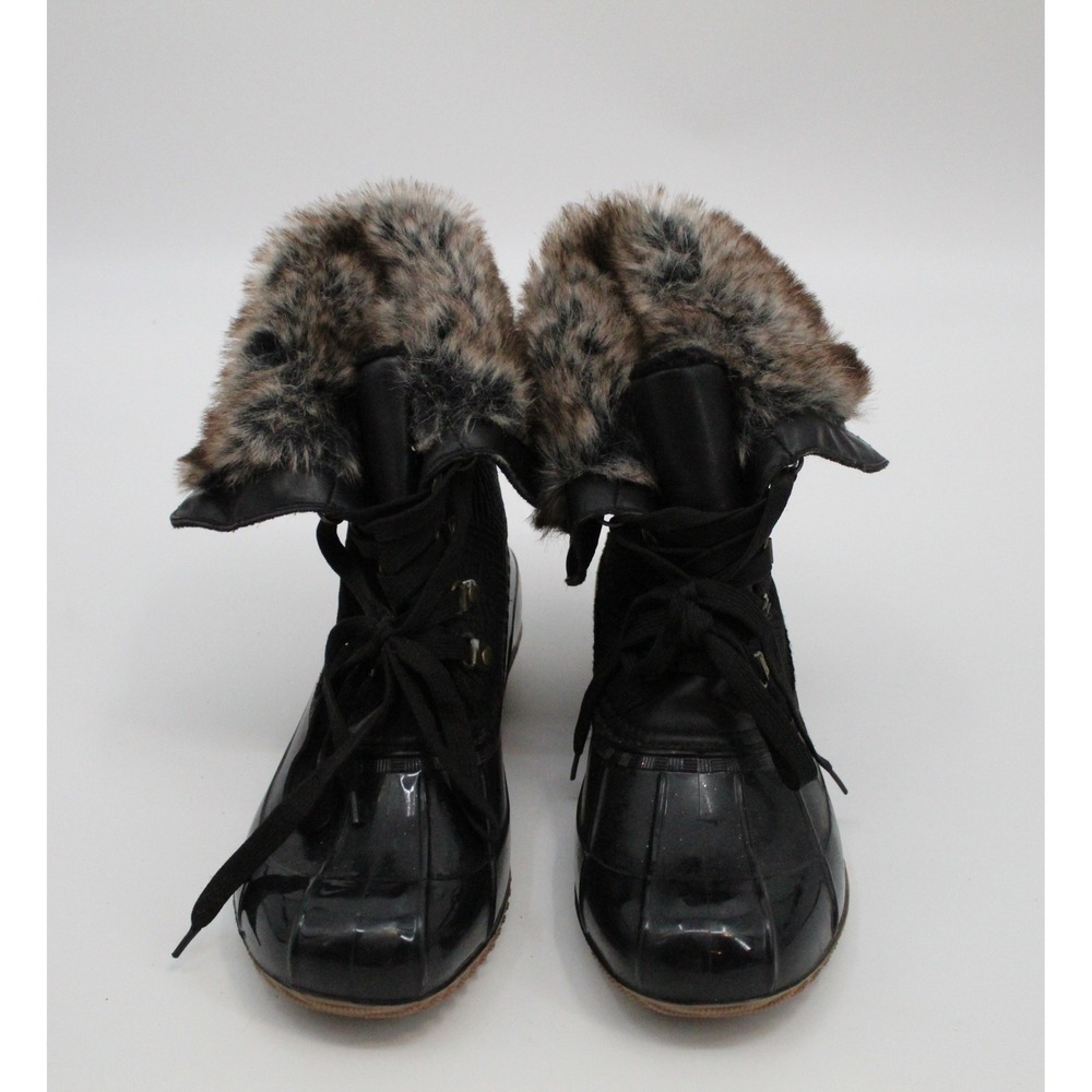 JustFab Ghita Black Duck Boots Faux Fur Trim Lace Up Winter Snow Boots SZ 9 FLAW